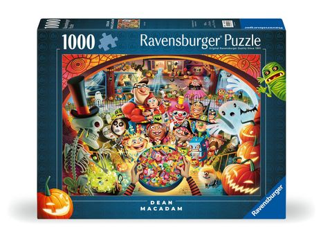 „Ravensburger Puzzle“ oben, „Dean MacAdam“ unten. Bunte Halloween-Szene mit Skeletten, Kürbissen und Geistern. Skurrile Figuren.