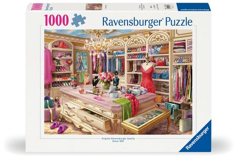 „1000 Ravensburger Puzzle“ steht oben. Eine bunte Boutique mit Kleidung und Accessoires.