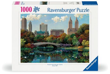 Text: "1000 Ravensburger Puzzle". Darstellung: Stadtszene mit Park, Brücke, Booten und herbstlichem Laub.