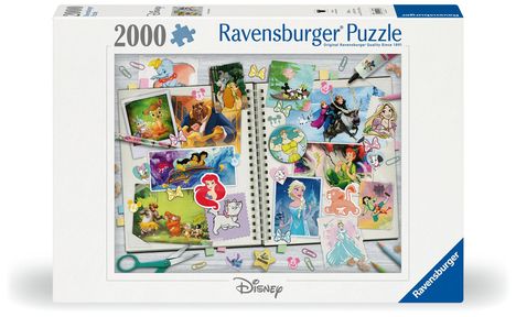 "2000 Ravensburger Puzzle" oben, "Disney" unten. Collage von Disney-Charakteren mit Schere und Büroklammern.