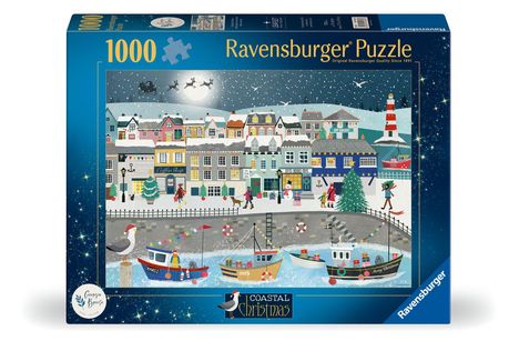 1000 Ravensburger Puzzle. Illustration einer verschneiten Küstenstadt mit bunten Häusern und dekorierten Booten.