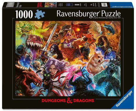 "1000", "Ravensburger Puzzle", "Dungeons & Dragons". Fantasiewesen in einem epischen Kampf mit Drachen und Helden.