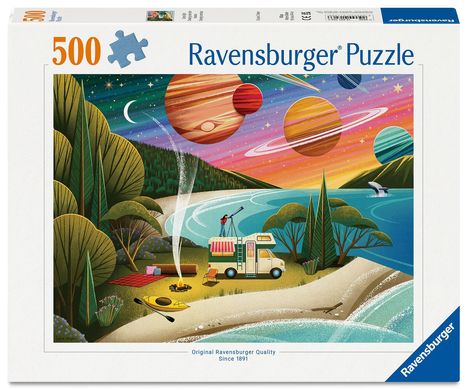500 Ravensburger Puzzle. Illustration mit Strand, Wohnmobil, Teleskop, Planeten am Himmel und Kanu.