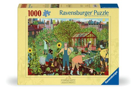 Text: Ravensburger Puzzle, 1000, Community Allotment. Eine farbenfrohe Gartenszene mit Menschen, Pflanzen und einem Gewächshaus.