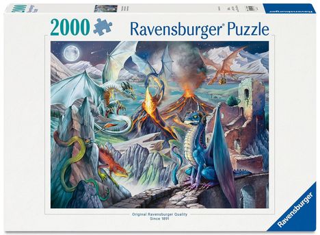 "2000 Ravensburger Puzzle" auf weißem Hintergrund, Drache und Vulkan in bunter Illustration.
