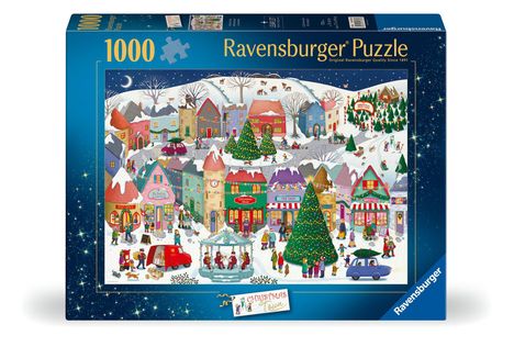 "1000 Ravensburger Weihnachtsstadt Puzzle" – Eine winterliche Illustration mit bunt beleuchteten Häusern und Weihnachtsmarkt.