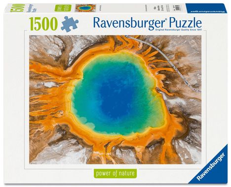 Texte: „Ravensburger Puzzle“, „1500“, „power of nature“. Puzzle mit einem blauen, kreisförmigen Thermalquellen-Bild.