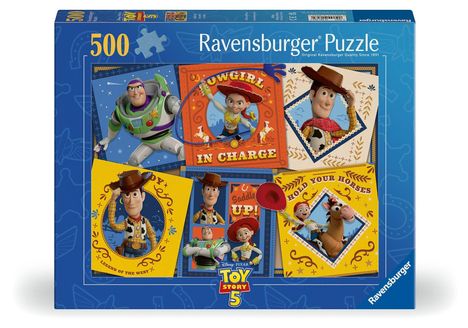 Titel: Ravensburger Puzzle. Bunte Cartoonfiguren aus "Toy Story" mit Slogans wie "Cowgirl in Charge" und "Hold Your Horses".