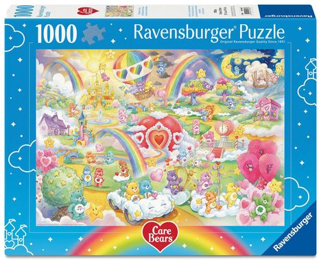 Ravensburger Puzzle 1000 Teile. Care Bears Szene in einer bunten Fantasiewelt mit Regenbögen, Herzmotiven und Teddybären.