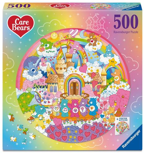 500 Ravensburger Puzzle, Care Bears Logo. Bunte Illustration von fröhlichen Bären auf Wolken um ein Schloss mit Regenbogen.