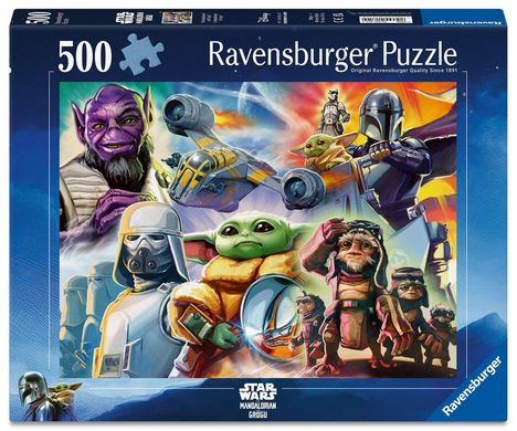 Ravensburger Puzzle, 500 Teile. Star Wars: Mandalorian und Grogu. Illustration mit Charakteren und Raumschiff.
