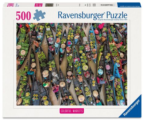 "500 Ravensburger Puzzle, Colorful Markets" oben. Bunte Boote dicht nebeneinander mit Gemüse und Früchten.