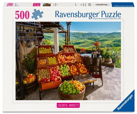 "500 Ravensburger Puzzle. Colorful Markets." Obstkisten mit Äpfeln und Früchten in warmen Farben, im Freien mit Bergblick.