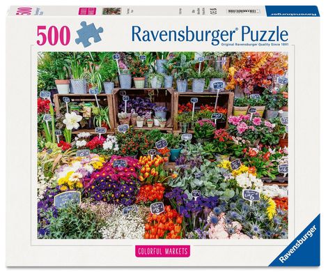 "500 Ravensburger Puzzle. COLORFUL MARKETS. Verschiedene Topfpflanzen und Blumen in einem lebhaften Marktstand arrangiert."