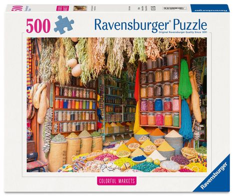 "500 Ravensburger Puzzle. Colorful Markets. Bunte Marktstände mit Gewürzen, Kräutern und getrockneten Pflanzen."