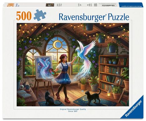 500 Teile, Ravensburger Puzzle. Eine Künstlerin malt in einem gemütlichen Raum ein magisches Vogelbild.