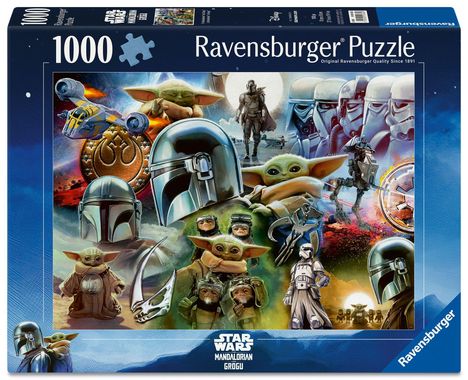 Ravensburger Puzzle, 1000 Teile, Star Wars Mandalorian und Grogu Cover mit Charakteren und Raumschiffen als Illustration.