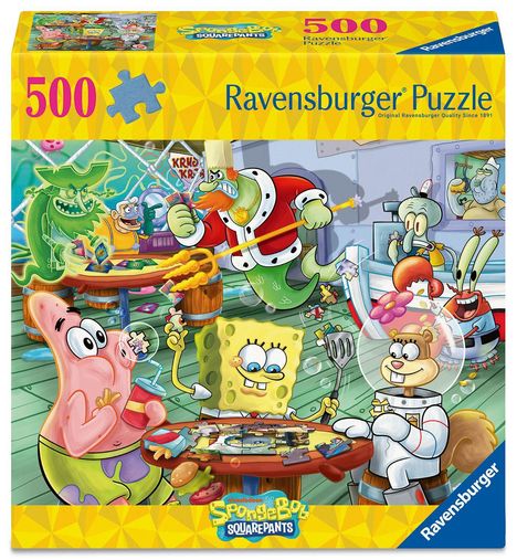 Text: 500 Ravensburger Puzzle. Illustration der "SpongeBob Schwammkopf"-Charaktere beim Puzzeln im Restaurant.
