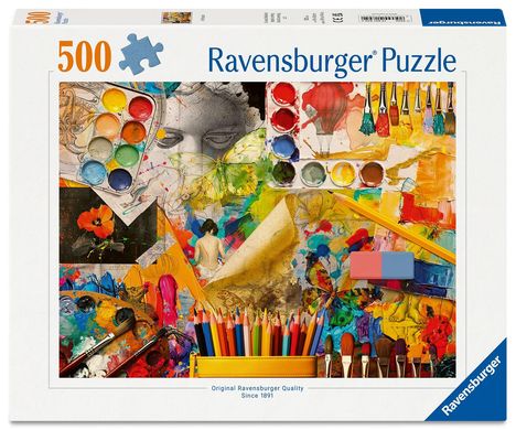 "500 Ravensburger Puzzle" und "Original Ravensburger Quality Since 1891". Es zeigt eine bunte Malerei mit Kunstutensilien.