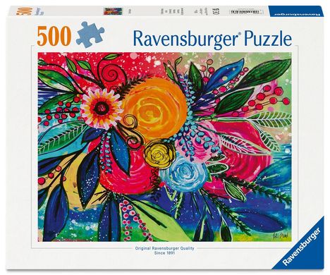 500 Ravensburger Puzzle. Buntes, abstraktes Gemälde mit Blumen und Blättern; lebendige Farben wie Rot, Gelb, Blau, Grün.