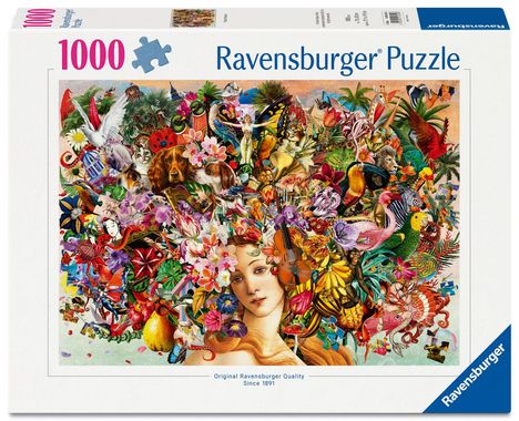 "Ravensburger Puzzle, 1000 Teile" steht groß auf der Verpackung. Eine bunte Collage mit Blumen, Tieren und einem Frauenporträt.