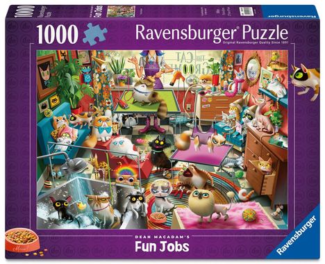 Text: Ravensburger Puzzle, Dean Macadam's Fun Jobs. Illustration mit vielen spielenden und arbeitenden Katzen in einem Raum.