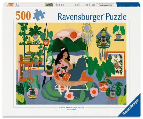 "500 Ravensburger Puzzle" oben, "Original Ravensburger Quality Since 1891" unten, Illustration: Frau in Pflanzenumgebung.