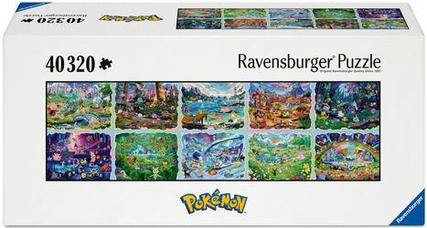 Die Verpackung zeigt "40 320 Ravensburger Puzzle" und ein Pokémon-Logo. Verschiedene bunte Landschaftsszenen sind dargestellt.