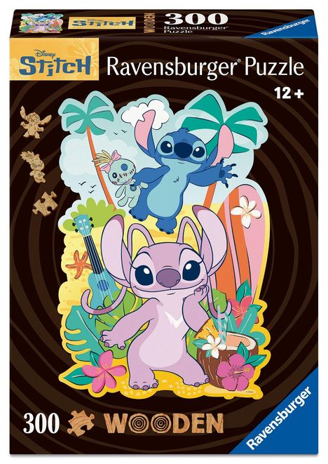 "Disney Stitch", "Ravensburger Puzzle", "12+", "300", "WOODEN". Eine bunte Illustration von Stitch und Angel mit tropischen Elementen.