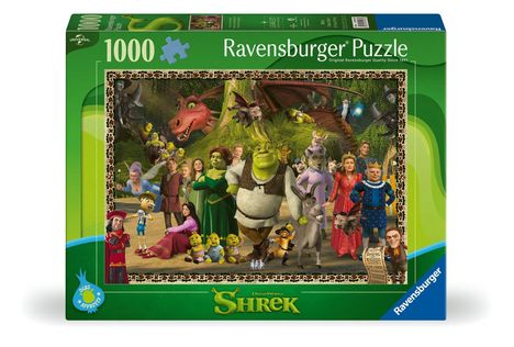 "1000 Ravensburger Puzzle, DreamWorks Shrek. Charaktere aus Shrek in einem Wald, grüne Puzzlebox."