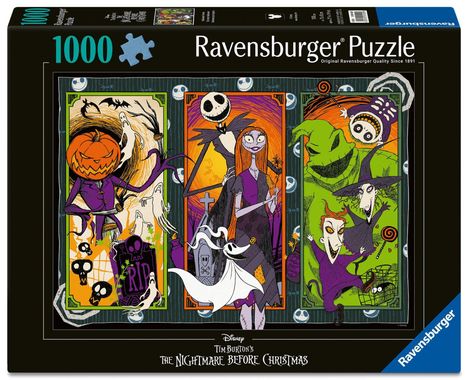 "1000 Ravensburger Puzzle" in großer Schrift. Illustration mit Halloween-Themen: Kürbis, Geister und Figuren in leuchtenden Farben.