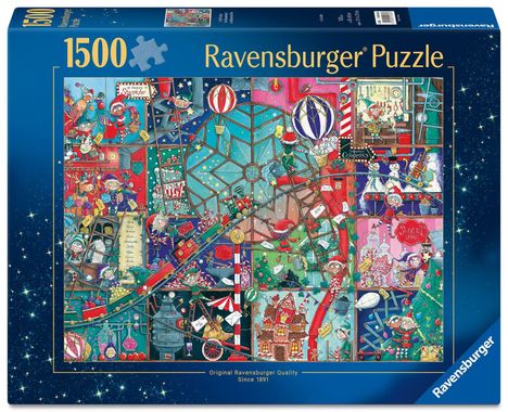 1500 Ravensburger Puzzle. Detailreiche, farbenfrohe Illustration mit weihnachtlichem Thema und verspielten Szenen.