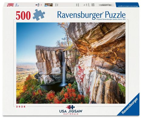 Ravensburger Puzzle, 500 Teile. Bild zeigt eine beeindruckende Felslandschaft mit Wasserfall und bunter Herbstvegetation.