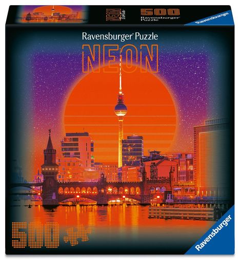 "Ravensburger Puzzle", "NEON", "500". Illustration: Skyline mit Fernsehturm und Brücke im Neonstil.