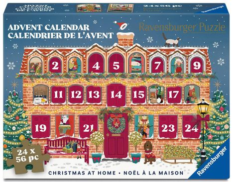Aufschrift: ADVENT CALENDAR, CALENDRIER DE L'AVENT, Christmas at Home, Noël à la Maison. Illustration eines Hauses mit Adventstüren.