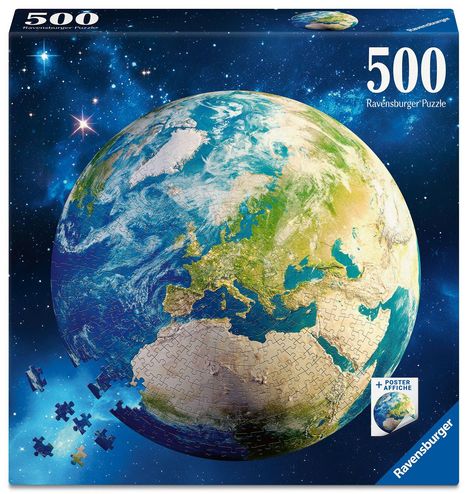 500 Teile, Ravensburger Puzzle. Die Erde als Puzzle in einem Weltraumhintergrund, teilweise zusammengesetzt.