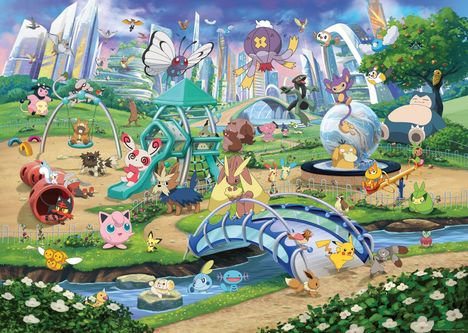 Eine bunte Illustration mit Pokémons in einem Park mit Spielplatz, Bäumen und futuristischen Gebäuden im Hintergrund.