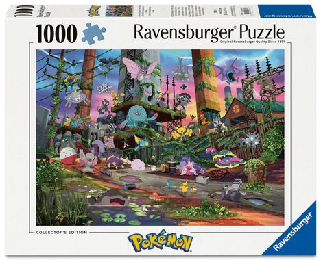Text: "Ravensburger Puzzle", "1000" und "Pokémon". Illustration von Pokémon in einer verlassenen Fabrik mit viel Grün.