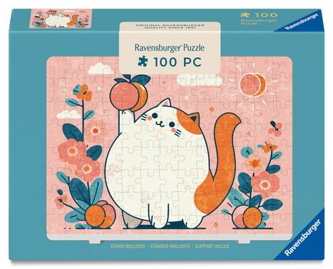 "Ravensburger Puzzle 100 PC." Illustration: Eine fröhliche Katze mit erhobener Pfote, umgeben von Blumen und einem Pfirsich.