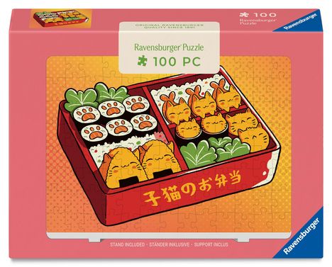 "Ravensburger Puzzle, 100 PC." Illustration einer Bento-Box mit Katzen und Sushi. Verpackung in rosa und orange gehalten.