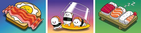 Links: Ei und Speck schlafen auf Toast. Mitte: Sushi rennt von einer schiefen Plastikhaube. Rechts: Sushi schläft mit "Zzz".