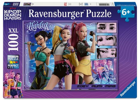 "KPOP DEMON HUNTERS, Ravensburger Puzzle, Zoey Rumi Mira, 100 XXL, 6+. Drei animierte Figuren mit Mikrofonen in leuchtenden Outfits."