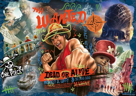 "WANTED", "DEAD OR ALIVE", "Monkey D. Luffy", "Marine". Illustration mit Piratenmotiven und Abenteuerszenen.