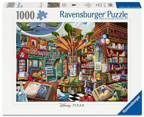 "1000 Ravensburger Puzzle. Bücher und Figuren bekannter Disney-Charaktere in einer farbenfrohen Bibliothek mit einem großen Baum."
