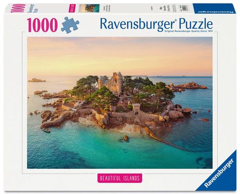 "Ravensburger Puzzle", "1000", "Beautiful Islands". Ein Inselmotiv mit Schloss und Bäumen im Sonnenuntergang.