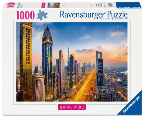 1000 Teile, Ravensburger Puzzle, Beautiful Skylines. Eine moderne Skyline bei Sonnenuntergang mit hohen Gebäuden.