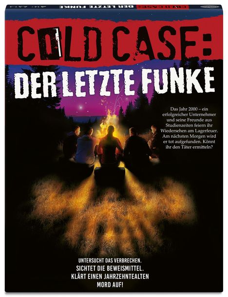 COLD CASE: DER LETZTE FUNKE. Vier Personen sitzen um ein Lagerfeuer im Wald. Ein nächtlicher Himmel ist im Hintergrund.
