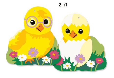 Text "2in1", Illustration von zwei gelben Küken, eines mit Brille, das andere schlüpft aus einer Eierschale, beide umgeben von Blumen.