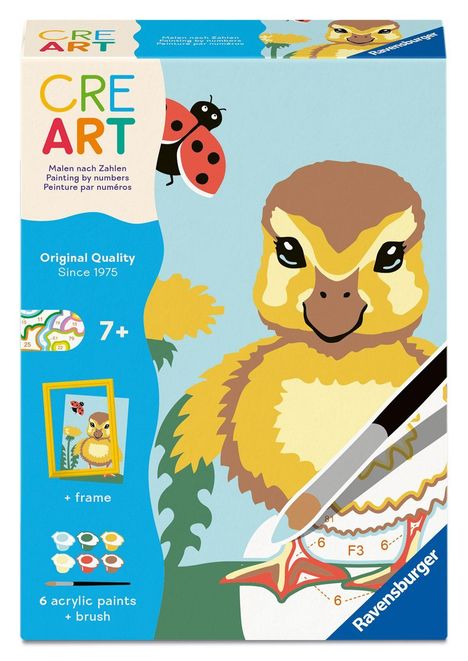 "CRE ART", "Malen nach Zahlen", "Original Quality Since 1975", "7+", "6 acrylic paints + brush". Illustration eines Kükens.