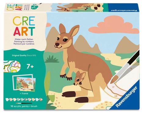 "CRE ART" und "Malen nach Zahlen" oben. Ein Känguru mit Jungem in einer Landschaft. Enthält Farben und Pinsel.